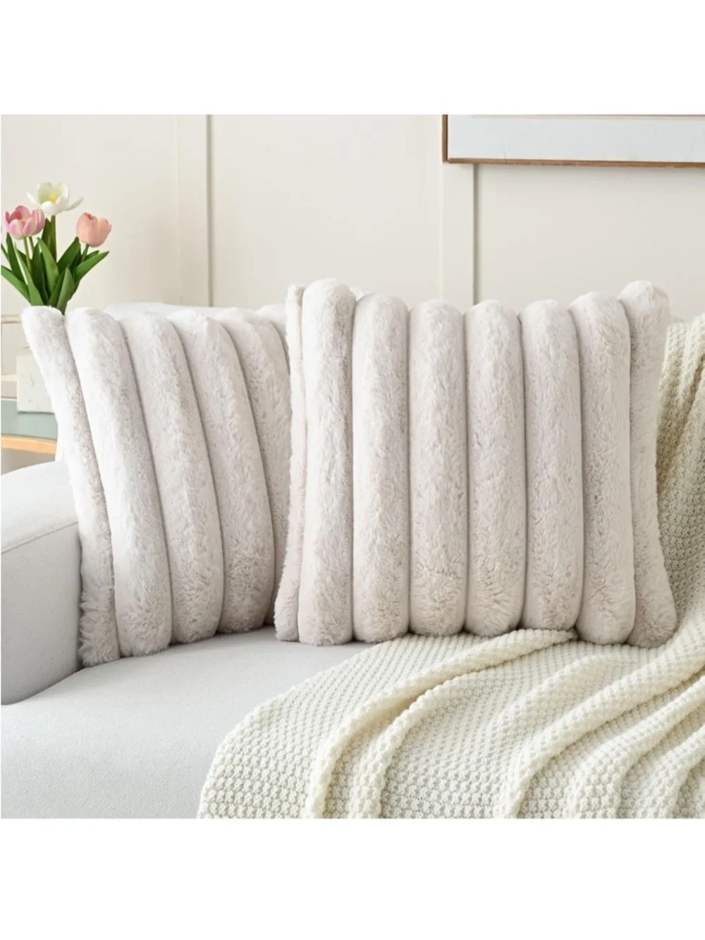 FUTEl Beige Decorative Throw Pillow Covers Square Soft Faux Rabbit Fur 913-bb8s